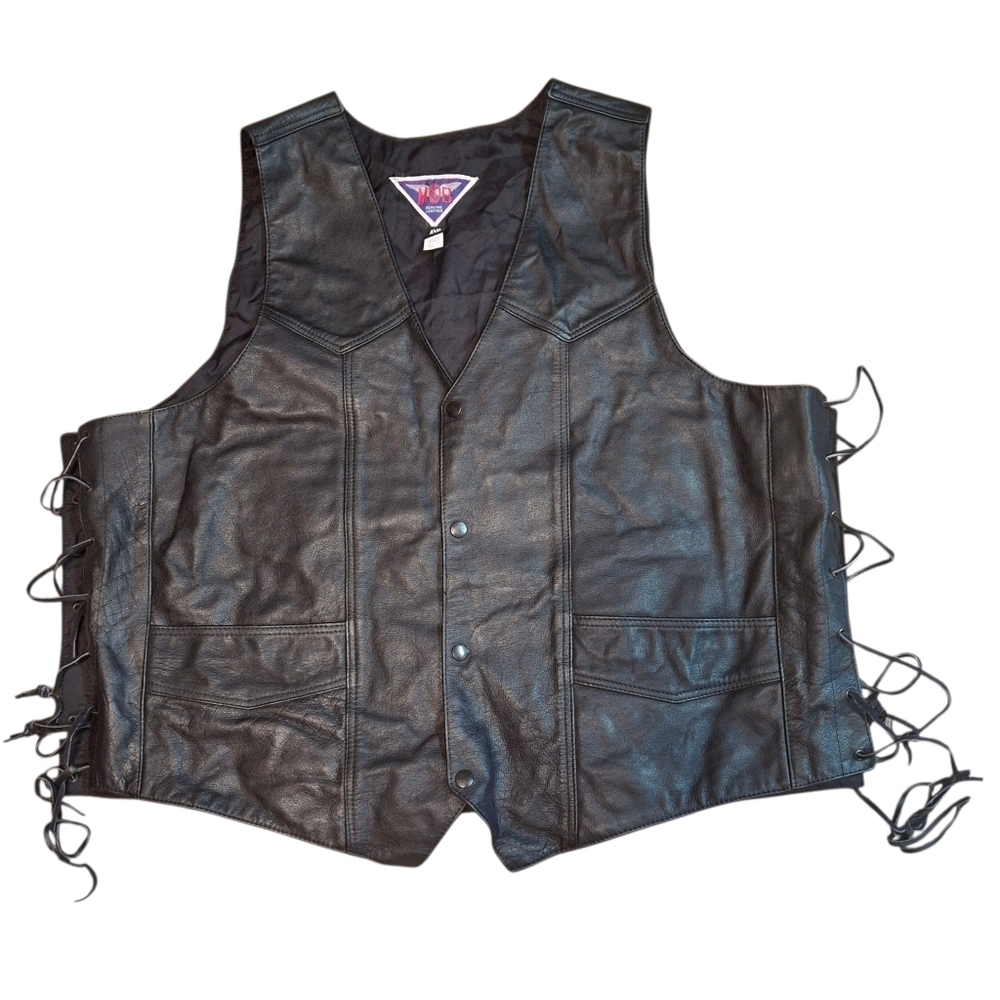 MOB Leather Side Lace Black Motorcycle Vest Men Size 4XL - Picture 3 of 16